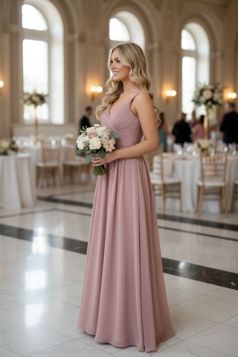 Bridesmaid wearing dusty rose chiffon pleated V-neck A-line dress - side