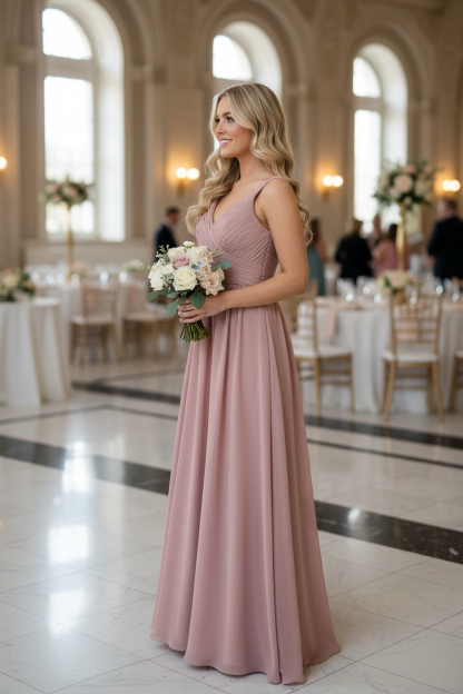 Bridesmaid wearing dusty rose chiffon pleated V-neck A-line dress - side