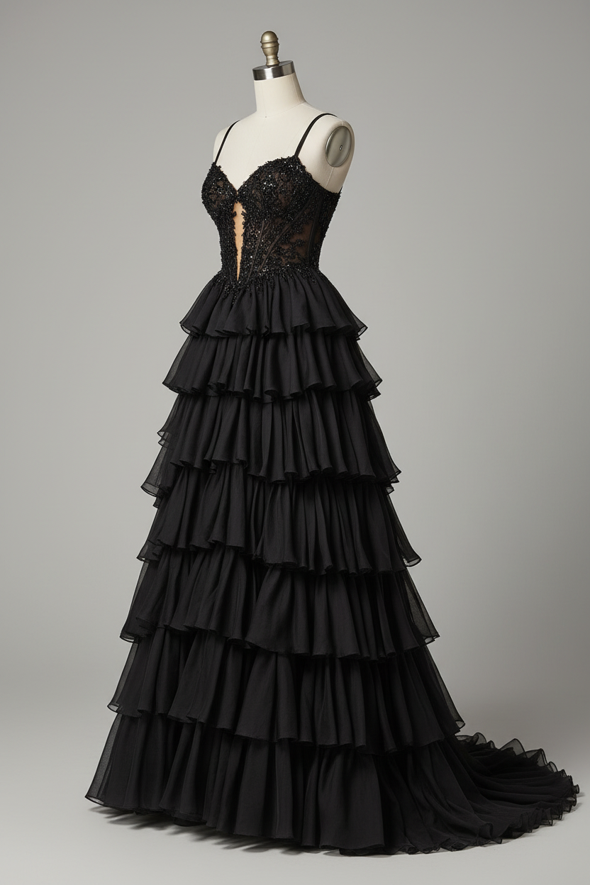 Black embellished lace tiered ruffle evening gown - side view