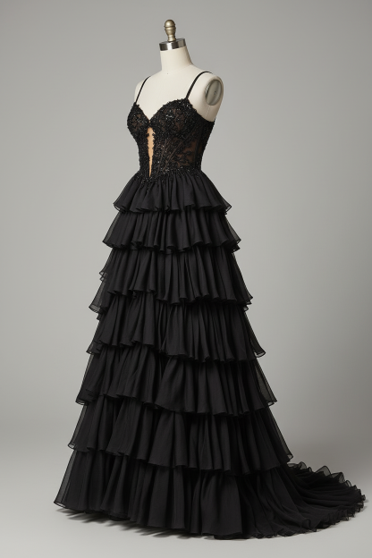 Black embellished lace tiered ruffle evening gown - side view
