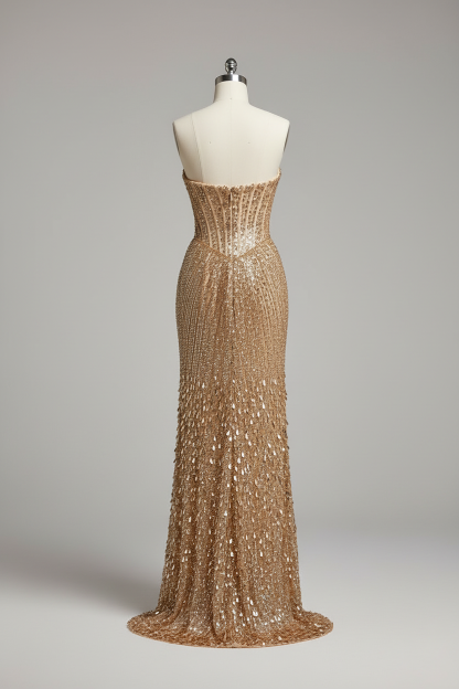 Gold fully beaded sunburst fitted evening gown - back view