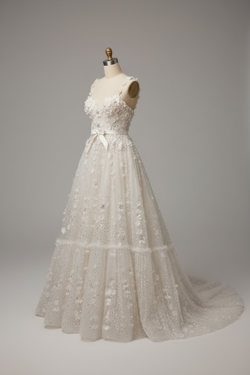 White 3D floral A-line wedding dress - alternate side view