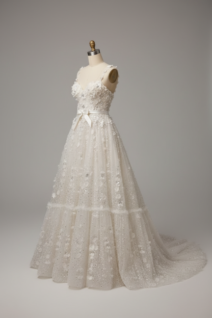 White 3D floral A-line wedding dress - alternate side view