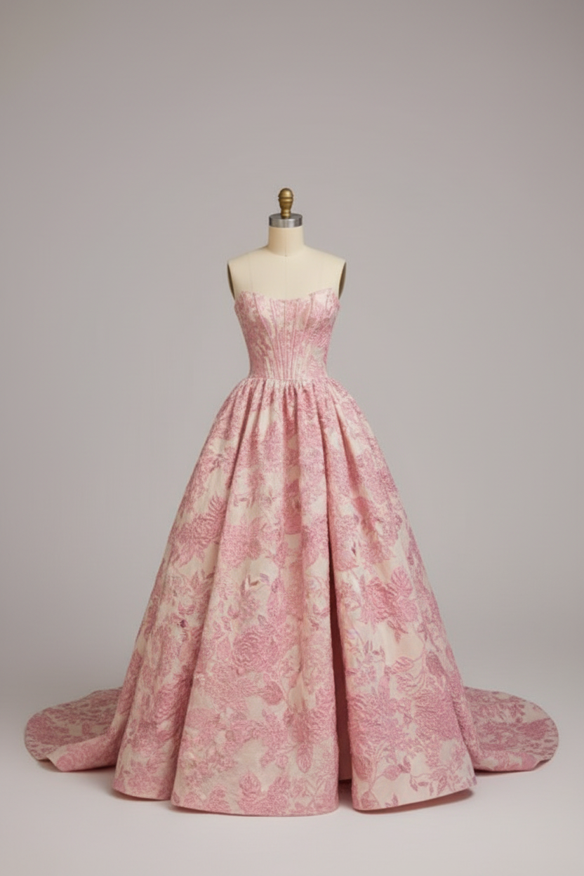 Pink floral embroidered ball gown - front view