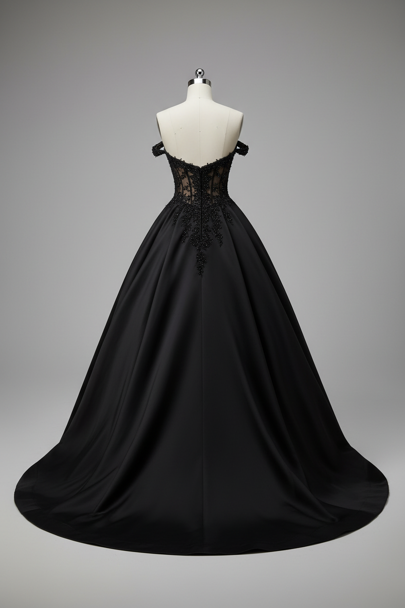 Black A-line ball gown with lace bodice - back view