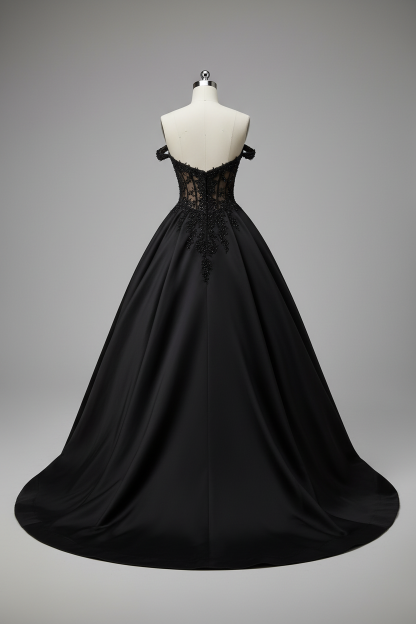 Black A-line ball gown with lace bodice - back view