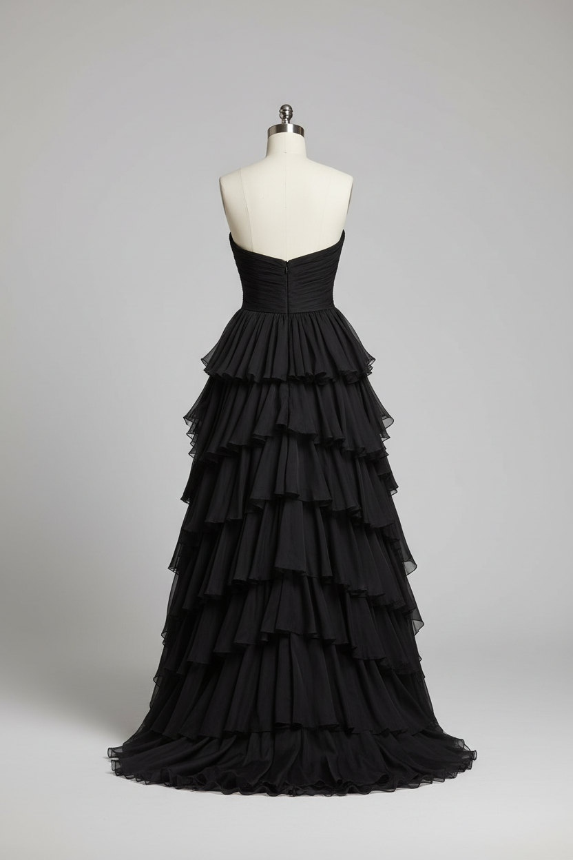 Black tiered ruffle evening gown - back view