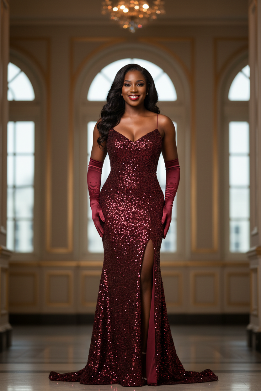 Burgundy - All-Over Sequin Mermaid Gown