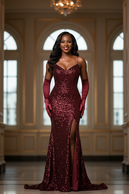 Burgundy - All-Over Sequin Mermaid Gown