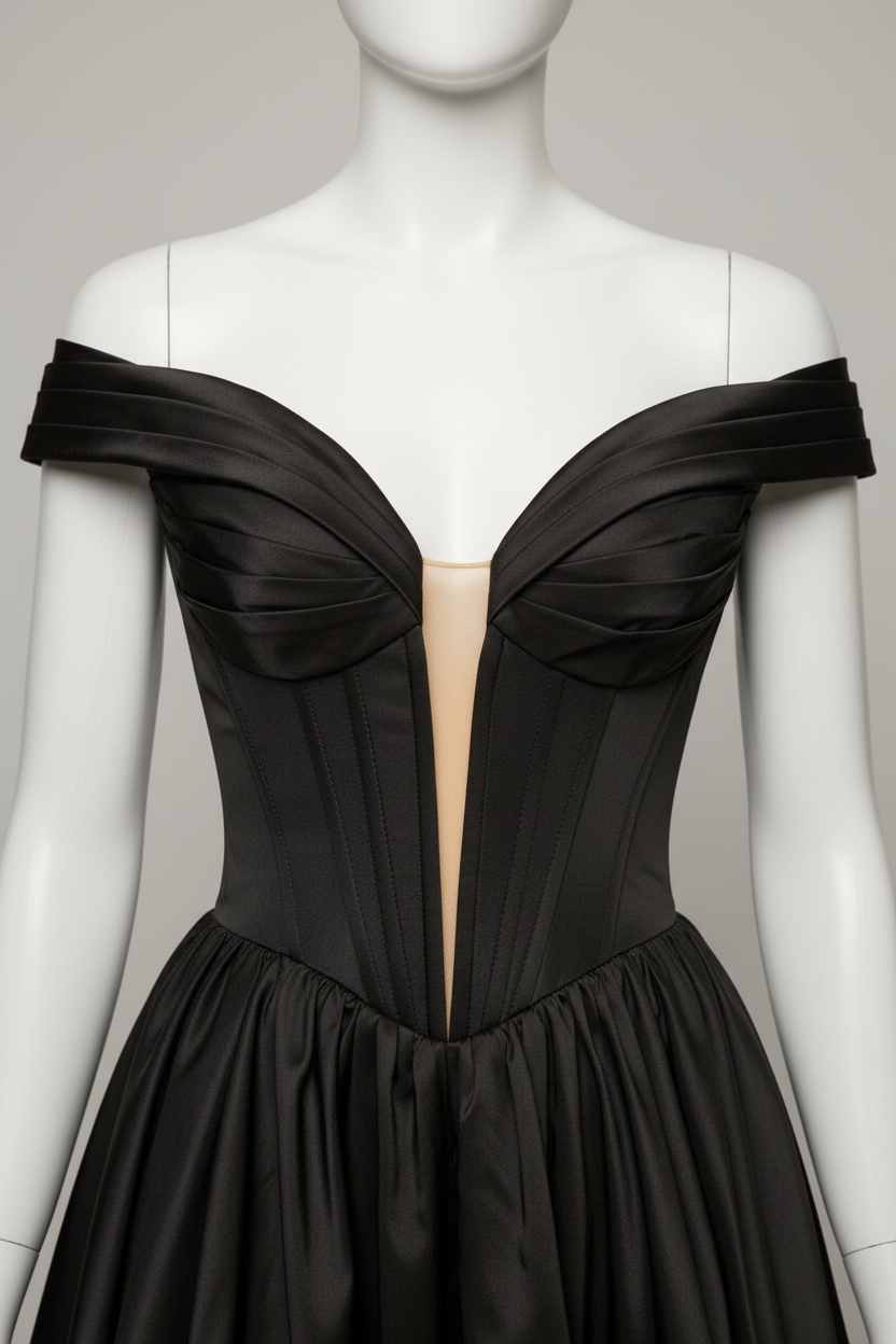 Black satin off-shoulder tiered ball gown - bodice detail