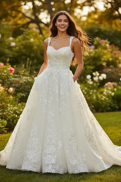 Bride wearing white lace strap A-line ball gown wedding dress - front