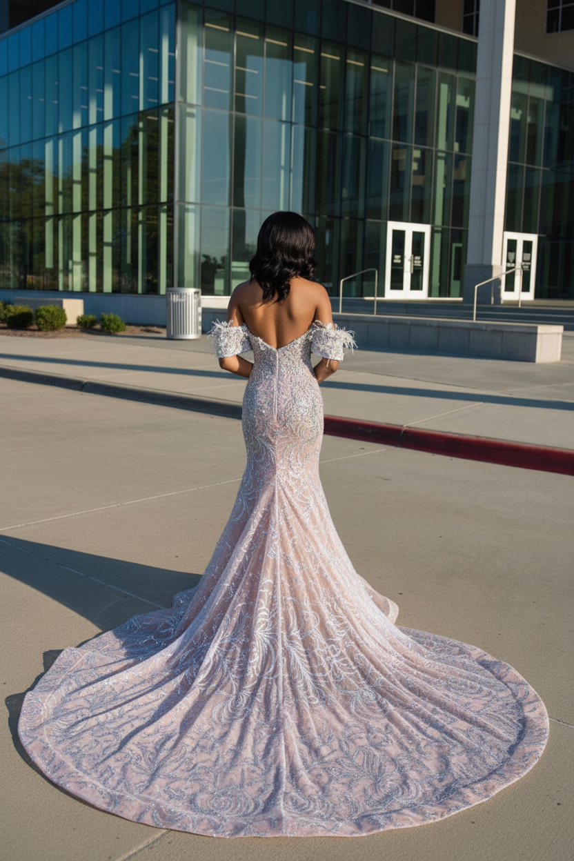 Silver Off-Shoulder Sequin Mermaid Prom Dress - Back View