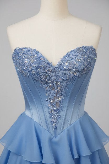 Sky blue lace crystal beaded corset asymmetric tiered ruffle gown - bodice detail