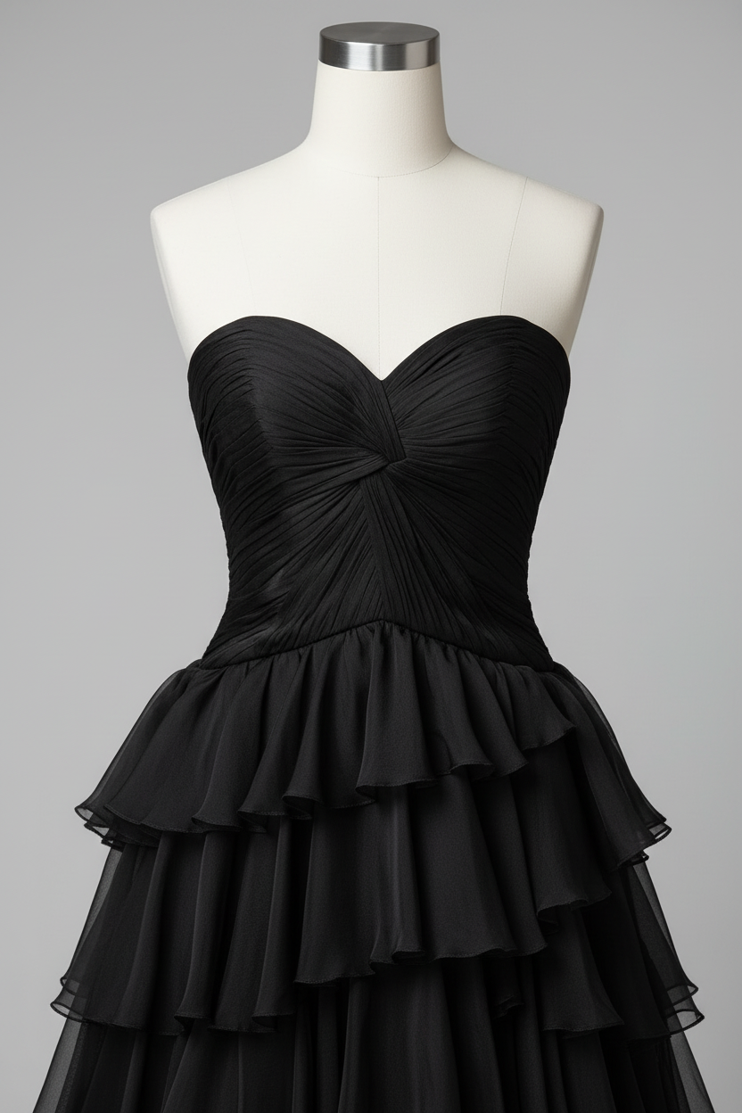 Black tiered ruffle evening gown - bodice detail