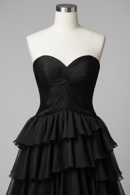 Black tiered ruffle evening gown - bodice detail