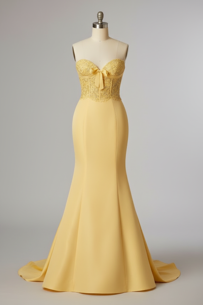 Yellow lace embroidered mermaid prom dress - front view