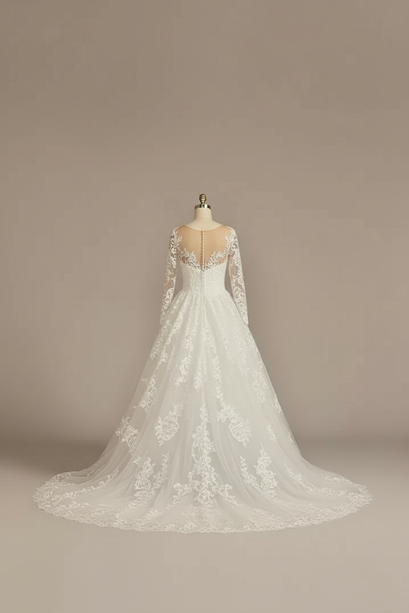White illusion lace long sleeve A-line ball gown wedding dress - back view