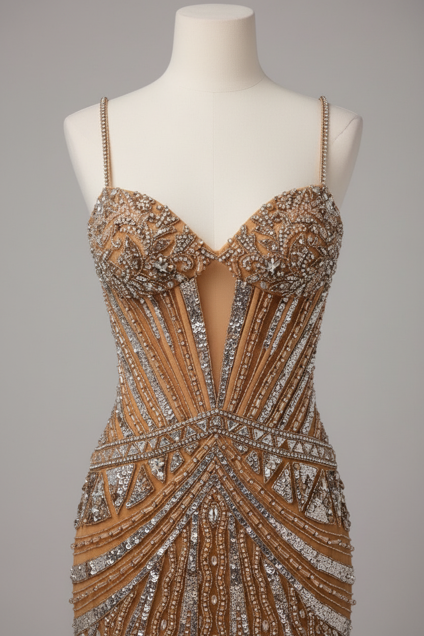 Champagne gold art deco beaded evening gown - bodice detail