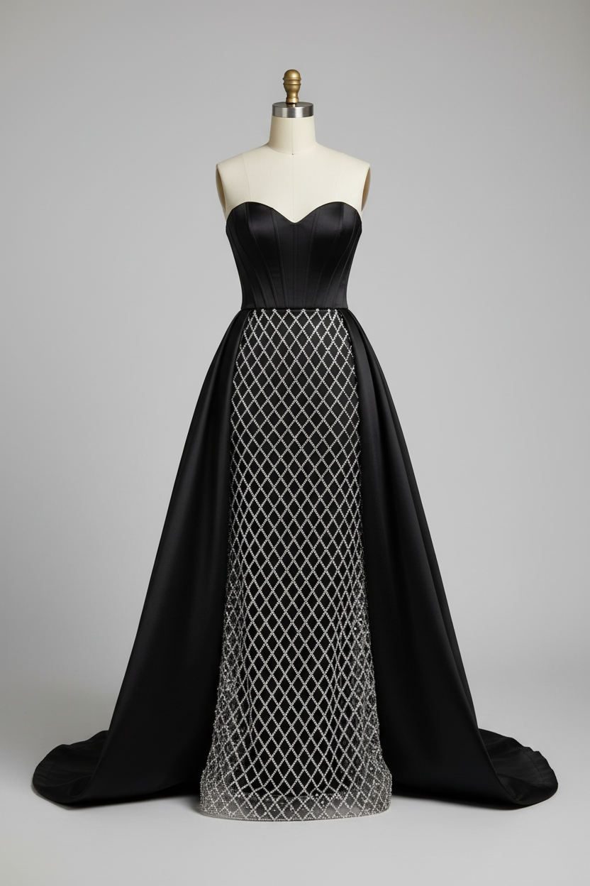 Black satin silver lattice beaded evening gown - front view