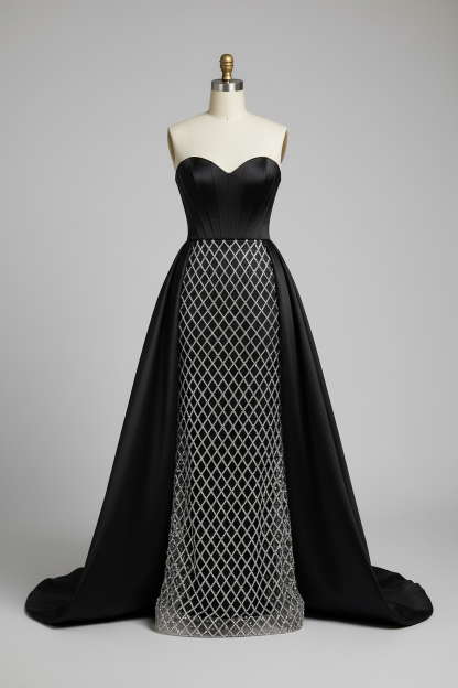 Black satin silver lattice beaded evening gown - front view