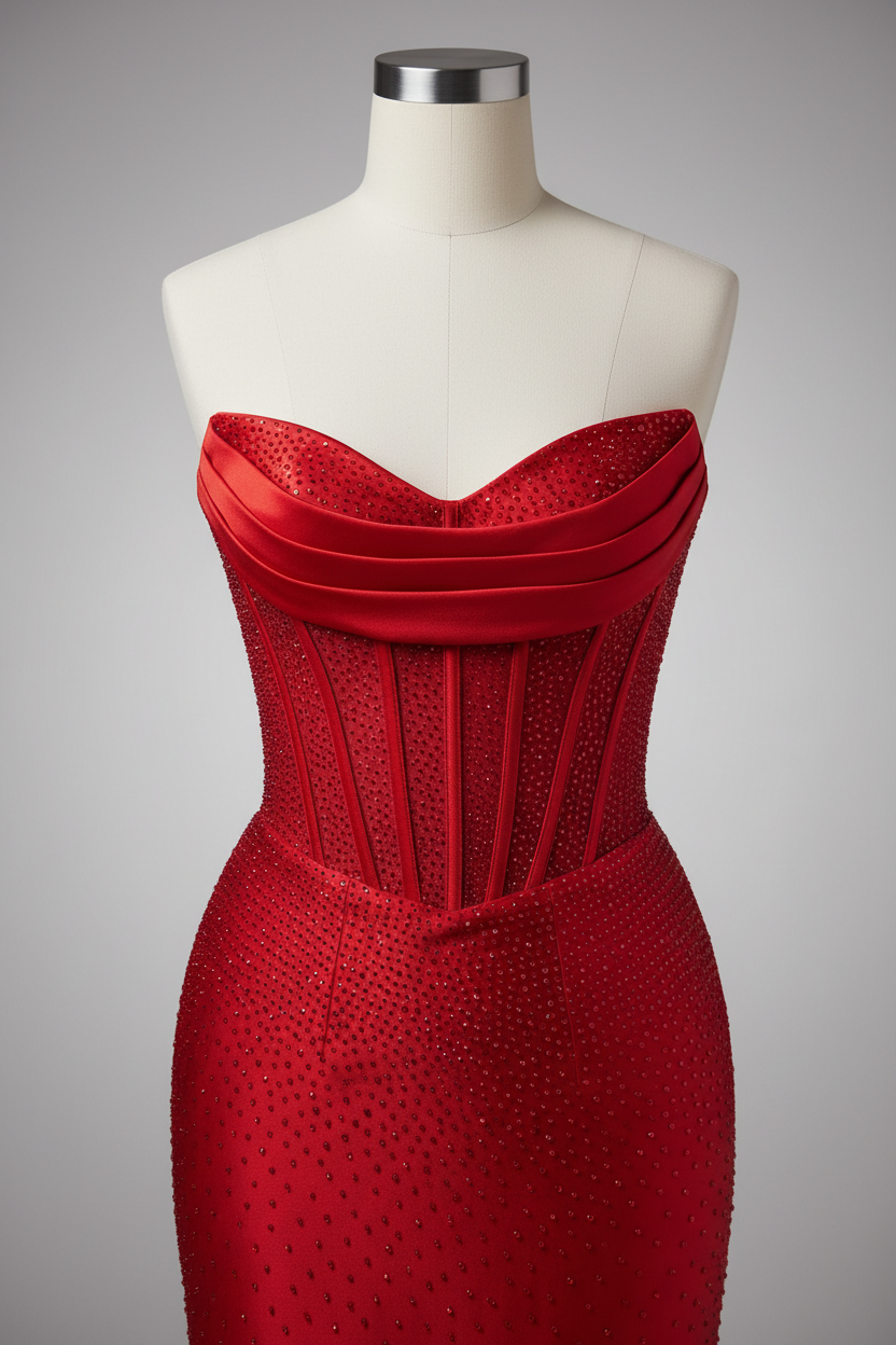 Red crystal beaded fitted evening gown - bodice detail