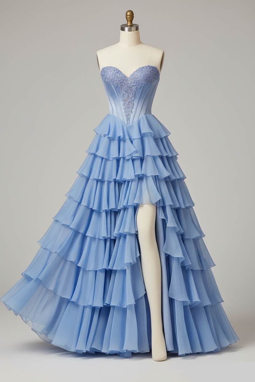 Periwinkle Blue Tiered Ruffle Prom Dress - Strapless Sweetheart Neckline with High Slit
