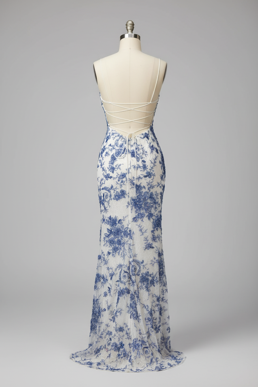 White mermaid prom dress - strappy back view