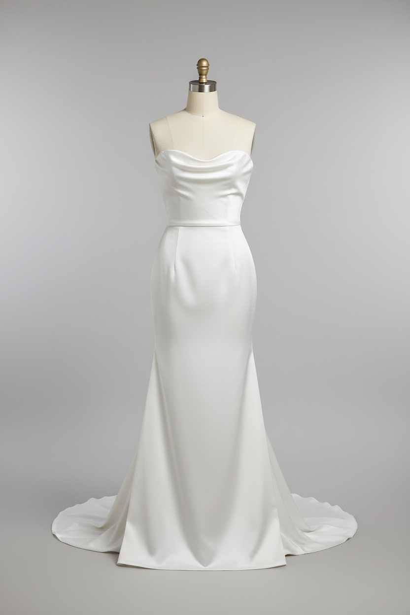 White satin cowl neck mermaid wedding dress - front view