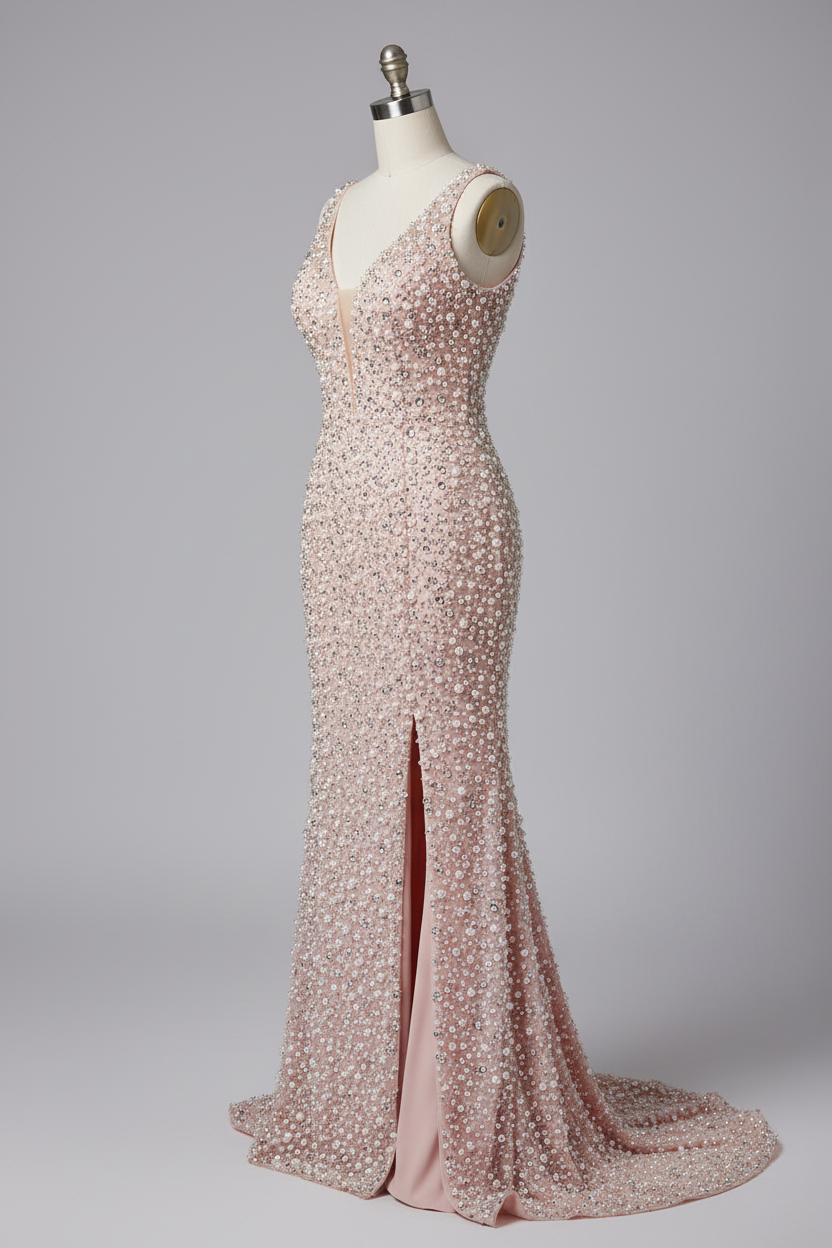 Pink beaded prom dress - side view