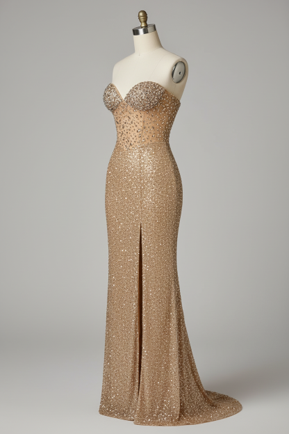 Champagne gold fully beaded evening gown - side view