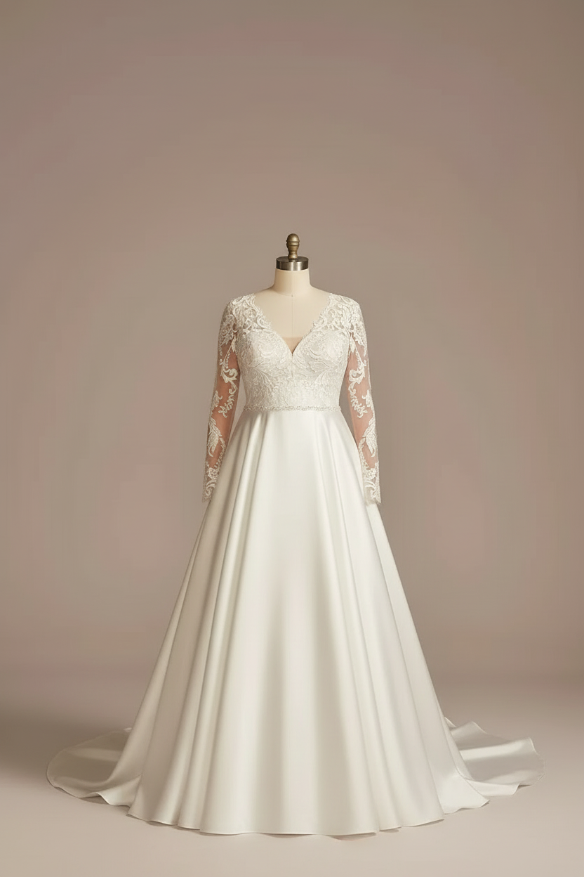 White lace illusion long sleeve V-neck A-line wedding dress - front view