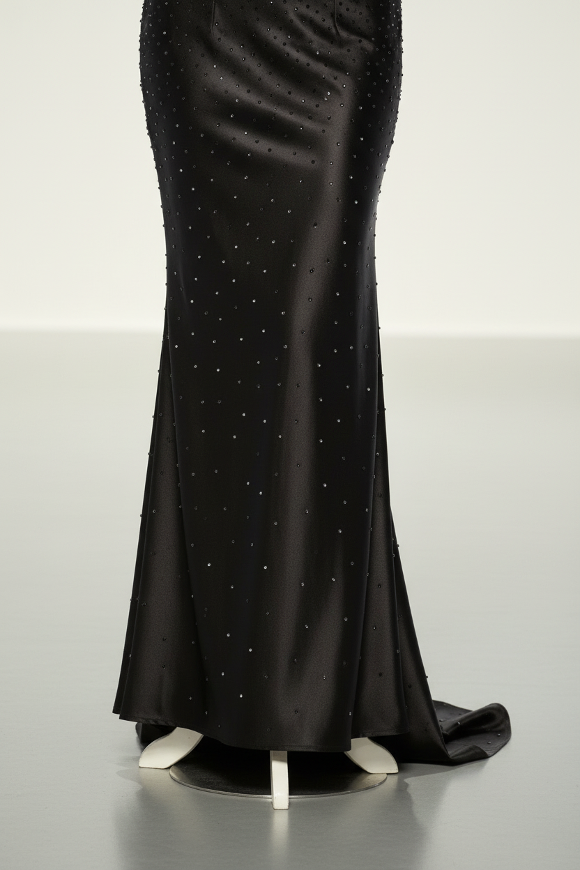 Black sheer mesh crystal beaded fitted evening gown - skirt detail