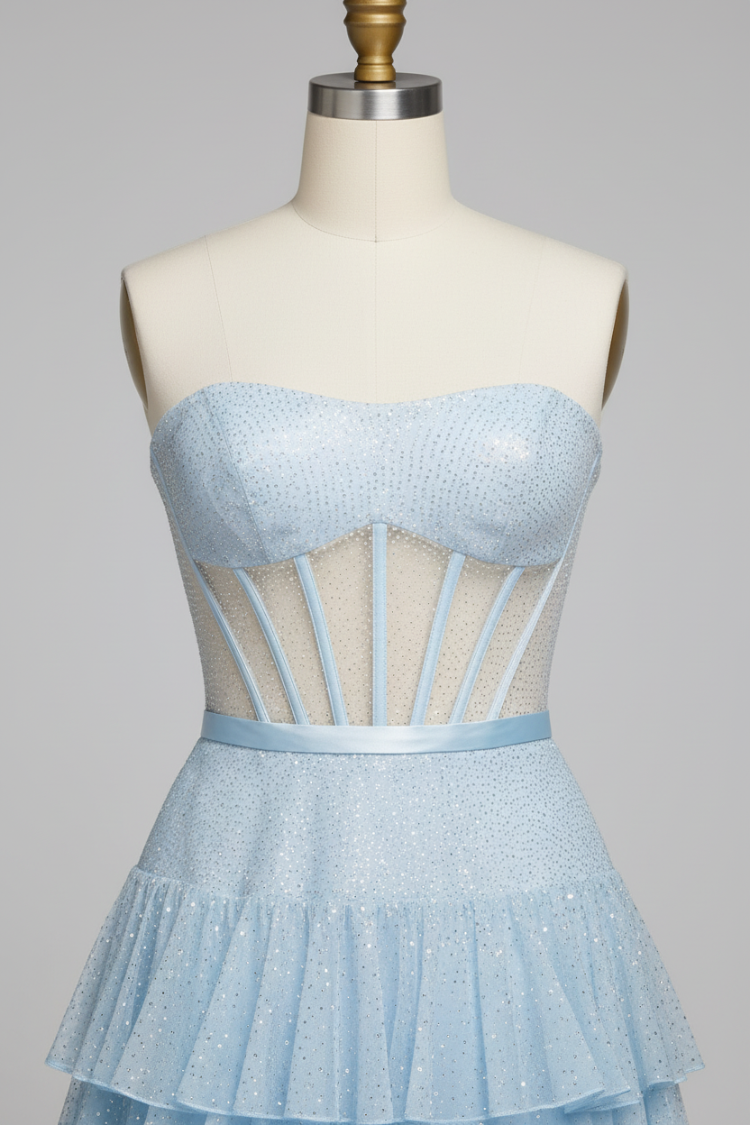 Light blue sheer corset tiered ruffle evening gown - bodice detail