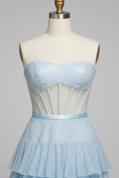 Light blue sheer corset tiered ruffle evening gown - bodice detail