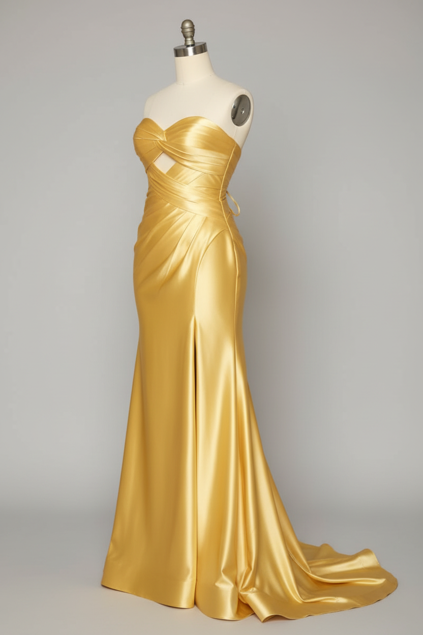Golden yellow satin prom dress - side view