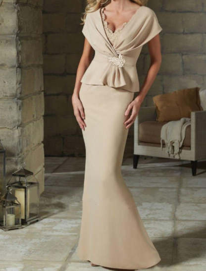 V-Neck Belted Mother of the Bride Sheath/Column Dresses-BMbridal
