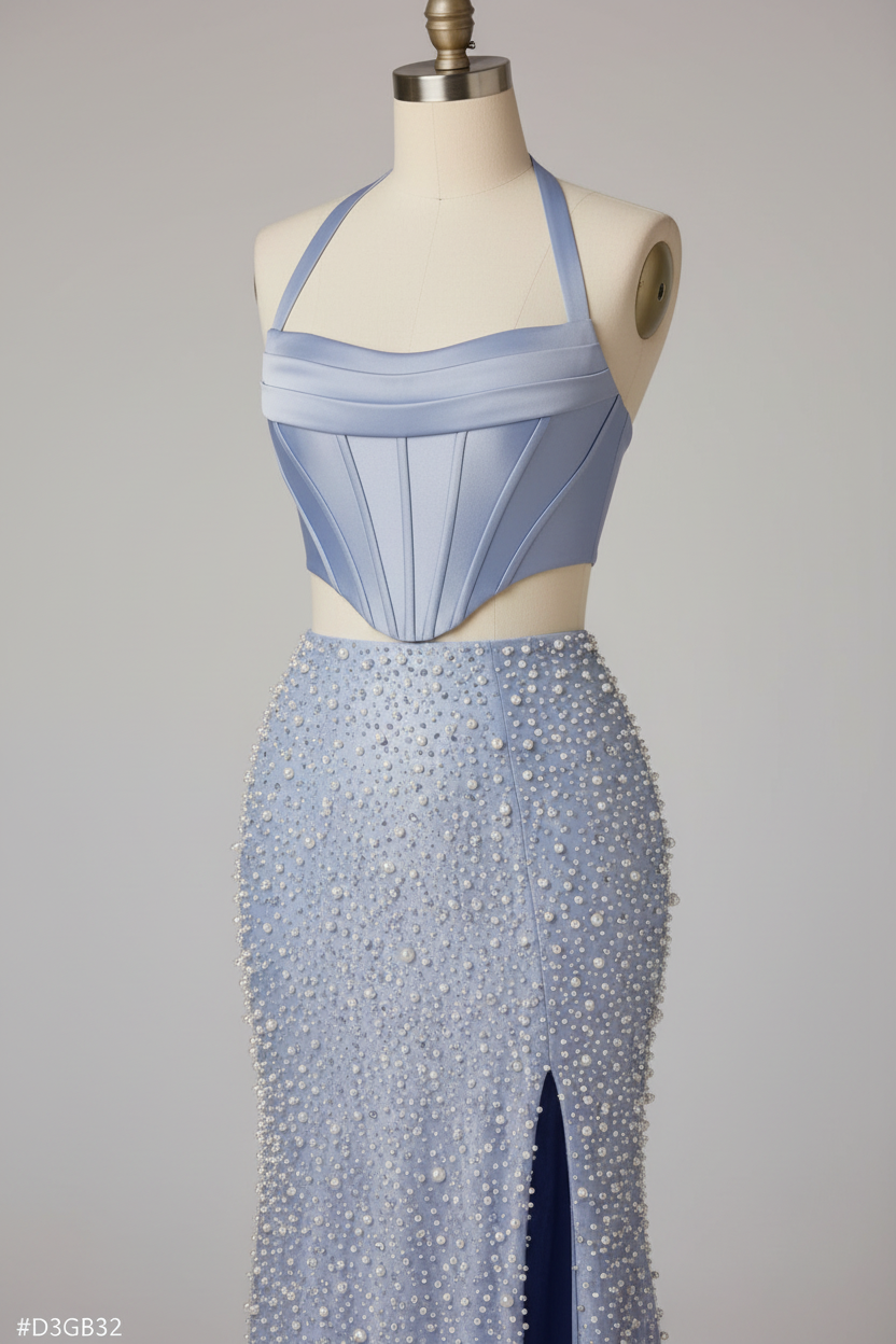 Light blue two-piece prom dress - beaded skirt detail
