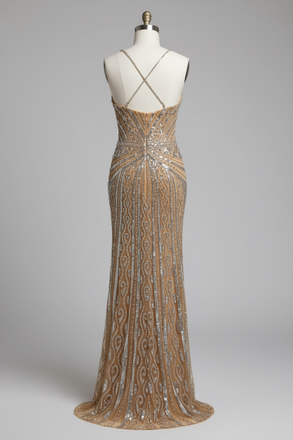 Champagne gold art deco beaded evening gown - back view