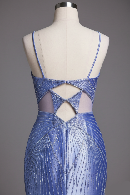 Metallic Beaded Mermaid Gown - Periwinkle Blue Evening Dress with Open Back