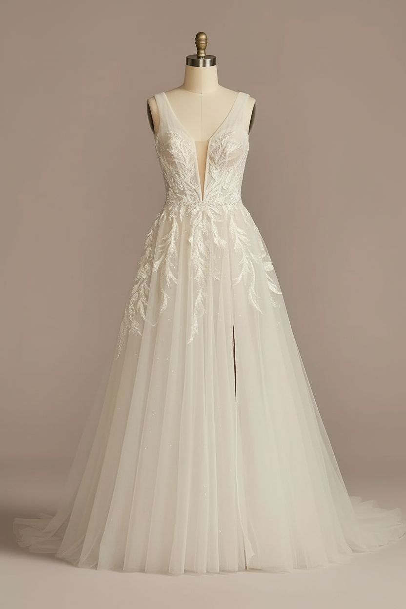 White lace deep V-neck A-line ball gown wedding dress - front view