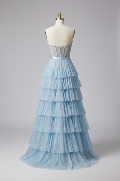 Light blue tiered tulle evening gown back view showing corset detail