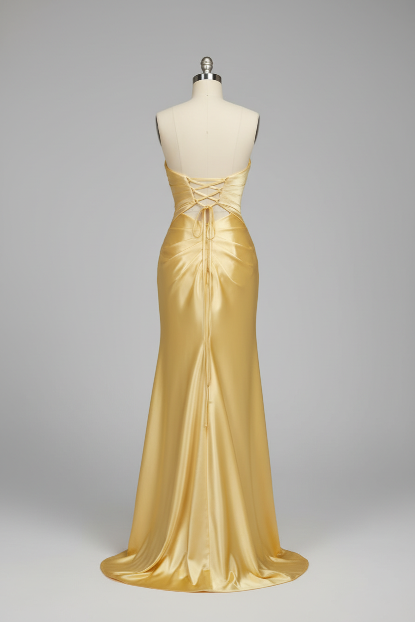 Golden yellow satin prom dress - corset back view