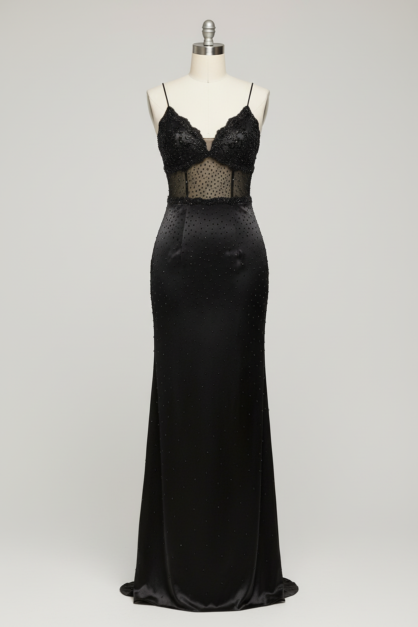 Black sheer mesh crystal beaded fitted evening gown - front view