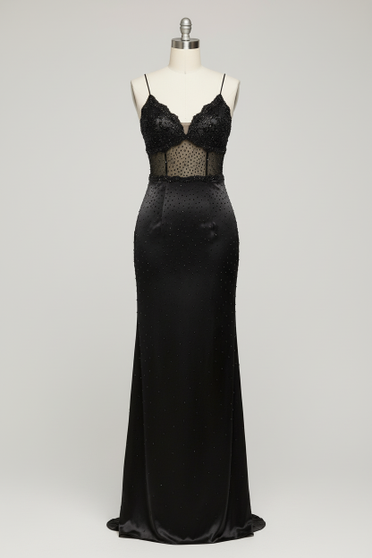Black sheer mesh crystal beaded fitted evening gown - front view