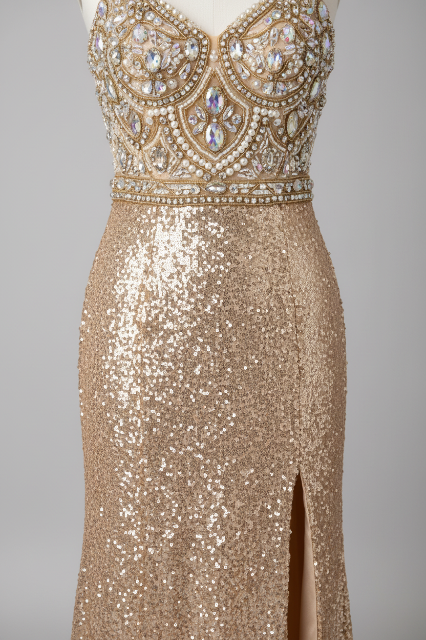 Champagne gold art deco beaded evening gown - waist detail