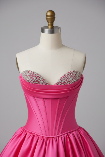 Hot pink crystal beaded A-line ball gown - bodice detail