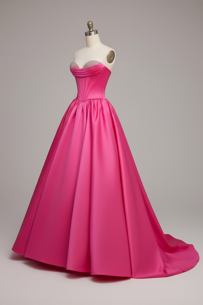 Hot pink crystal beaded A-line ball gown - side view