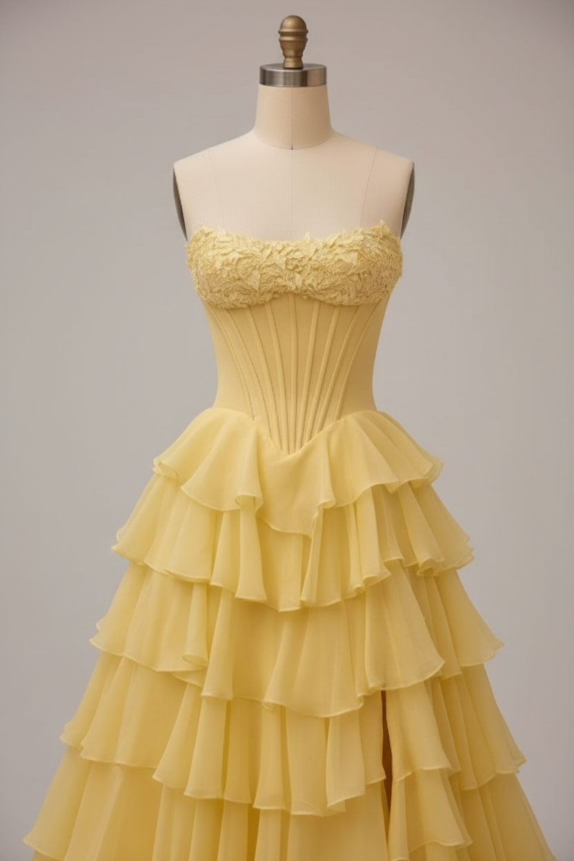 Yellow tiered ruffle ball gown - ruffle detail