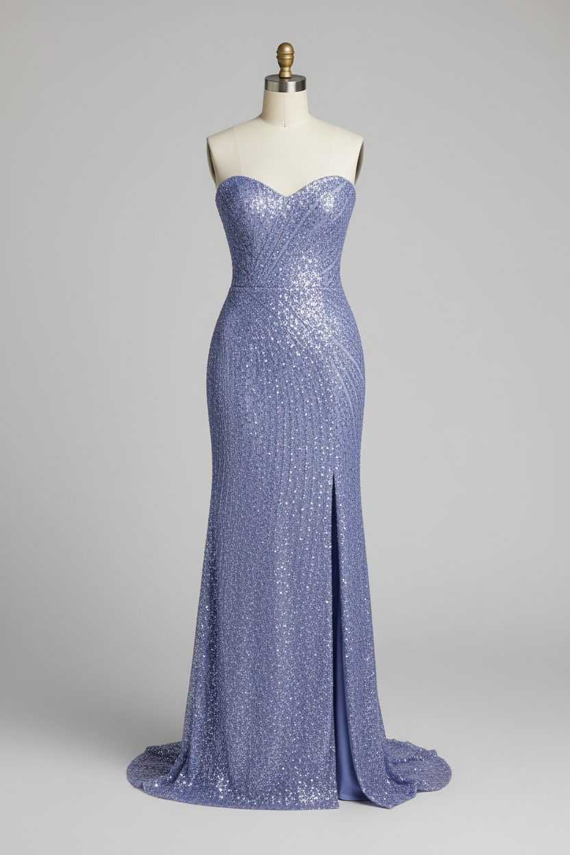 Periwinkle blue sequined evening gown - front view