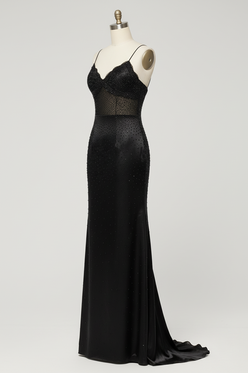 Black sheer mesh crystal beaded fitted evening gown - side view